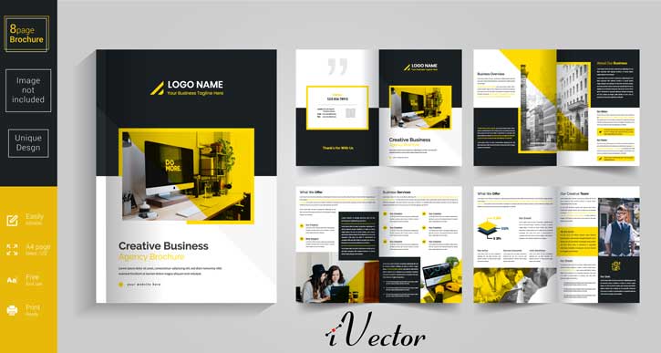 طرح وکتور بروشور8 صفحه ای با تم زرد مشکی yellow 8 page brochure design